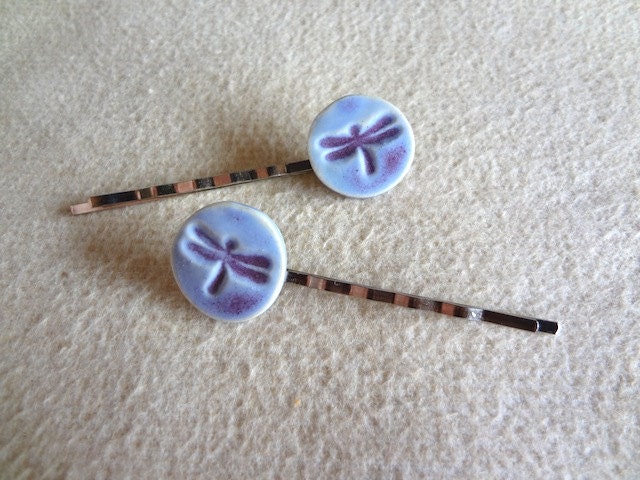 2 Handmade Purple Porcelain DRAGONFLY Bobby Pins / Hair Clips