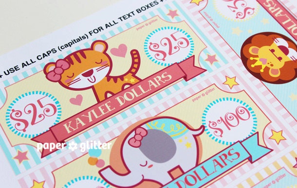 Circus Party Paper Toy Money or Gift Certificate Printables GIRLY - Editable Text PDF-You type in the text to personalize