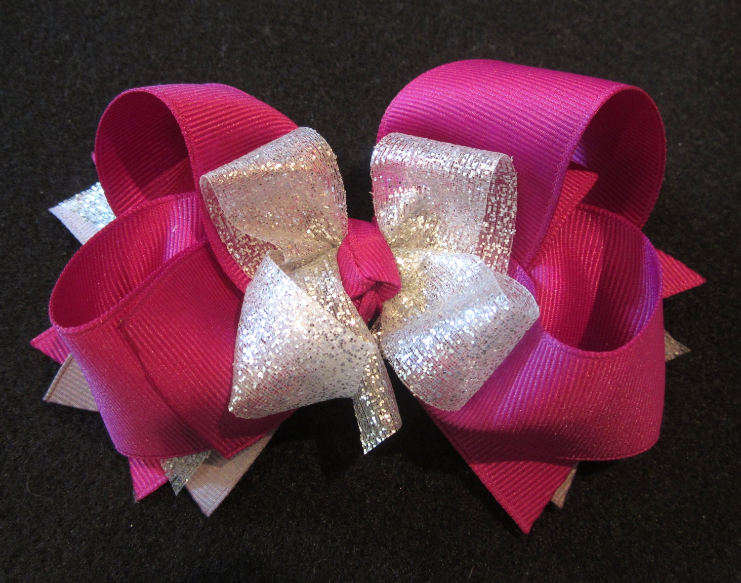 Festive Fuschia Silver Sparkle Large Boutique Hair Bow Glitter Ribbon Fancy Layers of Loops and Spikes for Baby Toddler to Little Girl