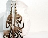 Long Feather Earrings Earthtone Natural Feather Jewelry Boho Chic Earrings Bronze White Bohemian