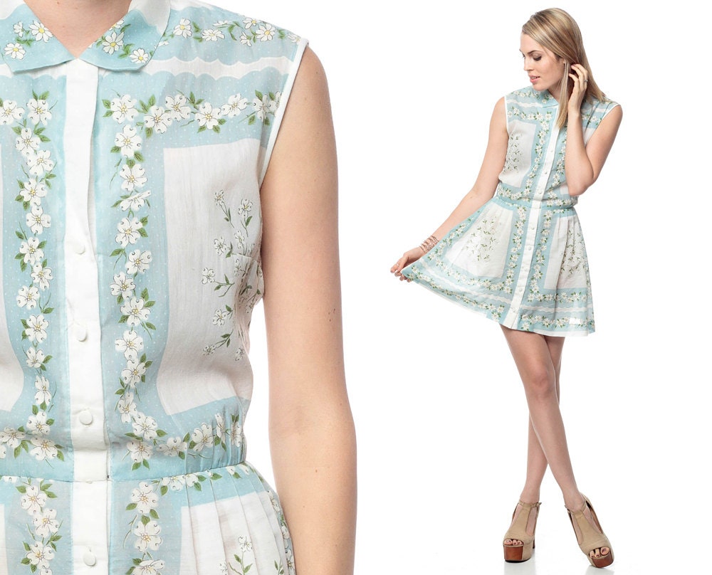 1960s Floral Dress Mini PETER PAN Collar Dolly White Day 60s Button Up Garden Party Pleated Baby Blue Vintage Sleeveless Large