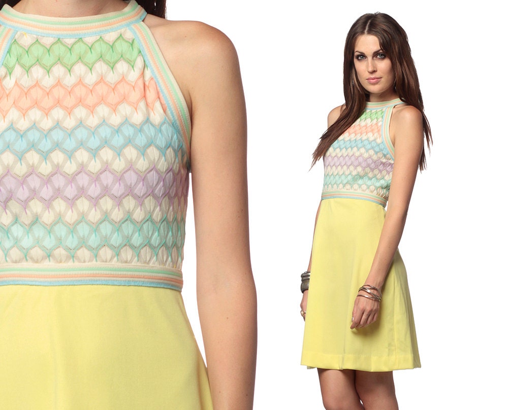 Rainbow Mini Dress 70s Crochet Pastel 1970s Boho Racerback 60s Mod Retro High Waist Yellow Vintage Sleeveless Dress Small Medium S M
