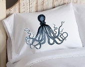 Two (2) Navy Blue deep Octopus Ocean Beach decor tentacles art punk pulp vintage ship retro sailor squid Nautical Pillowcase pillow cover