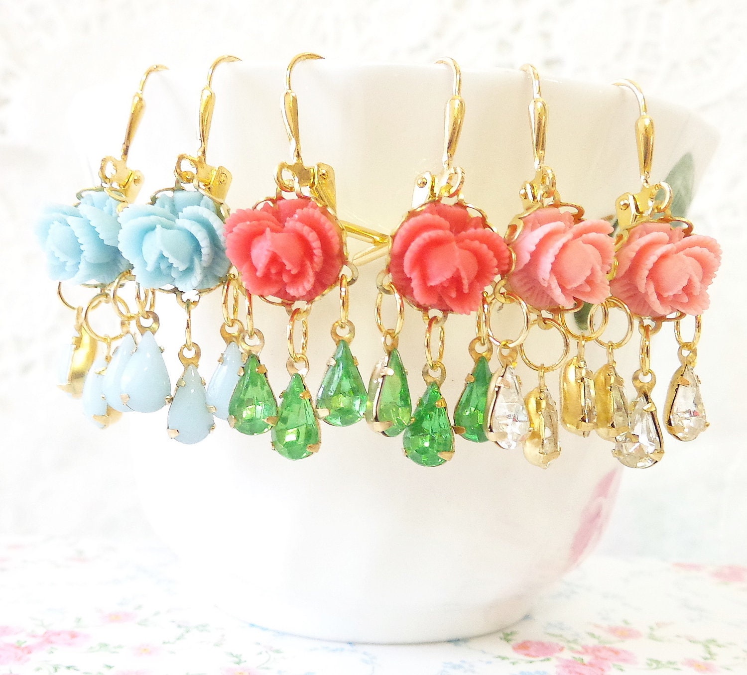 Vintage Chandelier Jewel and Flower Earrings - Whimsical - Bridal - Bridesmaid