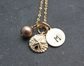 Gold Sand Dollar Necklace with Personalized Initial Charm