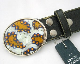 changeable Paisley belt buckle in orange cobalt glass, womens removable snap on leather belt, ready to ship