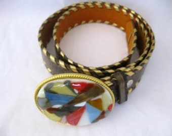 Waves belt, handmade colorful glass belt buckle, blue red brown, gold stitched leather belt