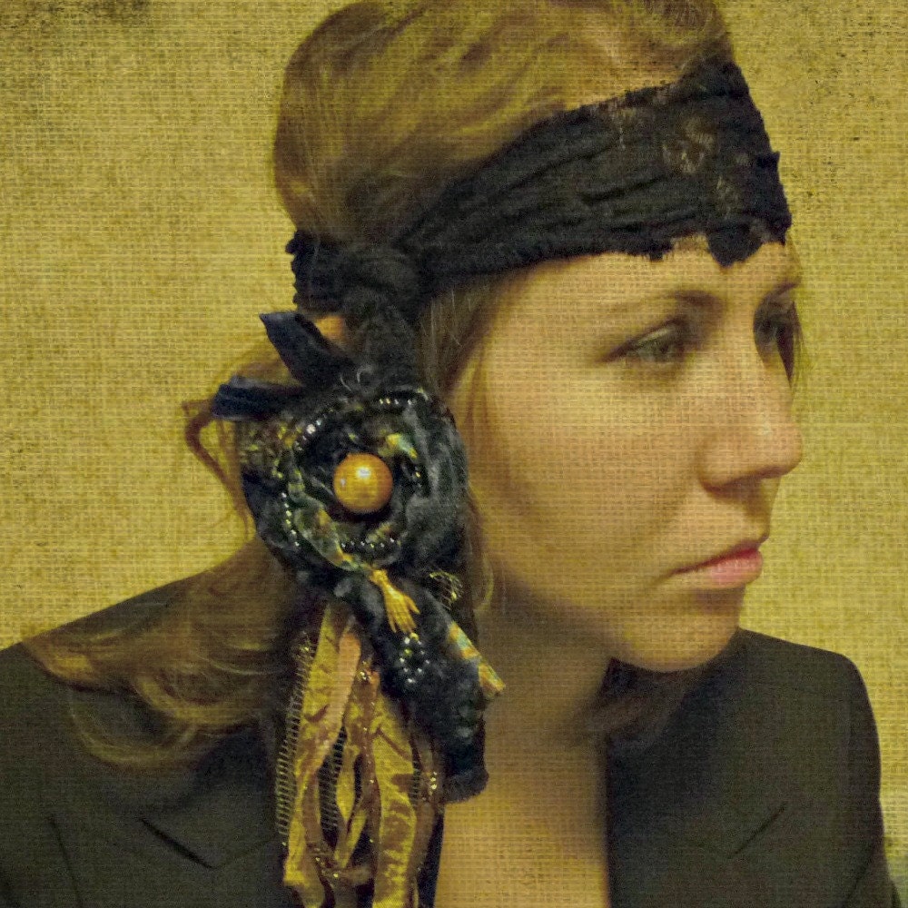 Palm Reader Headband Madam Bovary Blue Parlor Velvet Gypsy Lace OOAK Fortune Teller