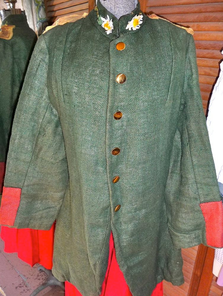 Antique 1930s Opera Costume Military Frock Coat Green & Red Burlap Steampunk  Flashy Unisex Mens or Womens
