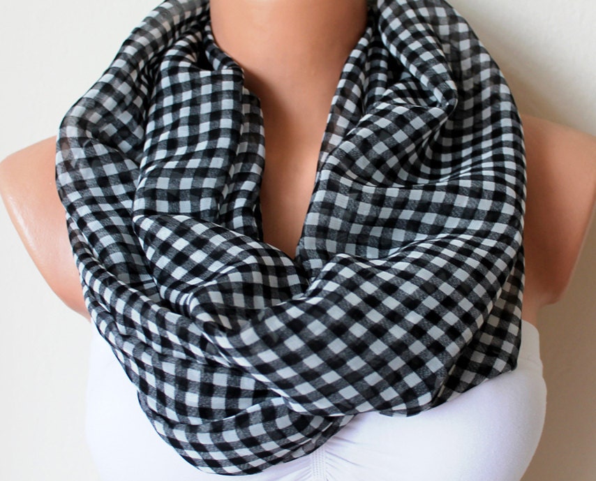 Infinity Scarf Loop Scarf Circle Scarf Cowl Scarf Summer Scarf Black and White Plaid Chiffon Soft and Lightweight