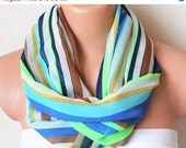 BIG SALE Teal Blue Striped Infinity Scarf Loop Scarf Circle Scarf Cowl Scarf Soft and Lightweight Multicolor Striped