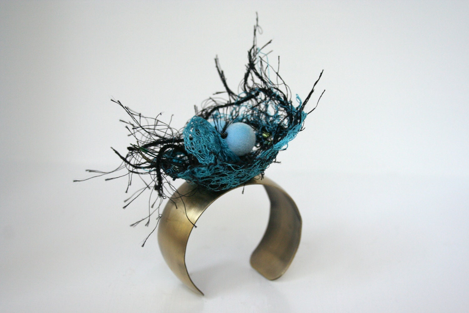 Antiqued Metal Cuff Bracelet with Robin's Egg Blue and Midnight Black Lace Embroidered Flower and Velvet Beads