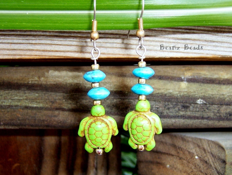 Green Turtle Tribe Earrings with Turquoise and Brass Beads