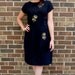 vintage 1950s dress/ 50s black rayon cocktail dress/ beaded floral appliqué