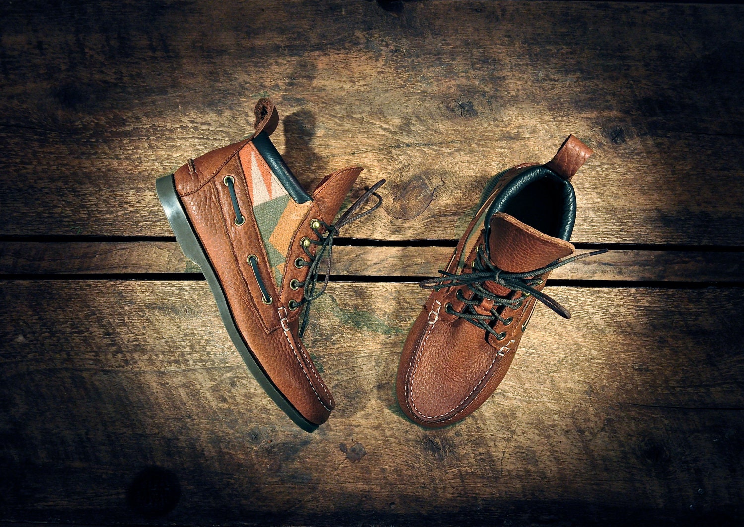 Handcrafted HIGHTOP Leather Boat Shoes - Tan Bullhide with Terracotta Southwest Inspired Patterned Wool Details - MADE to ORDER