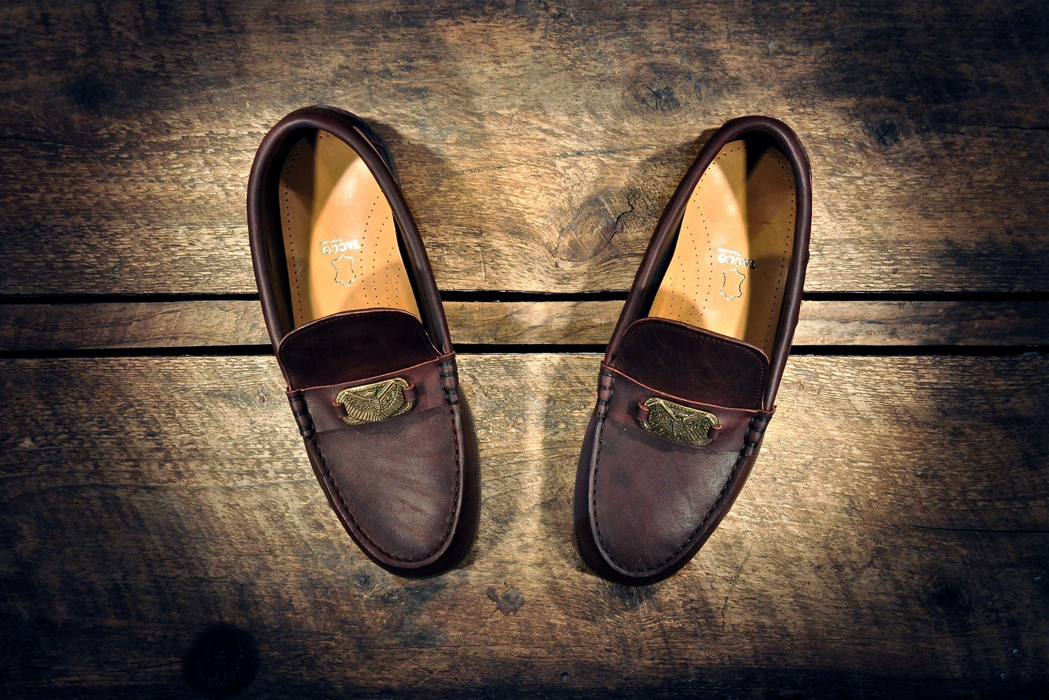 Handcrafted Leather Boat Shoes - Oiled BURGUNDY Cowhide - Repurposed Brass Southwest Eagle Medallions - CUSTOM Made To Order