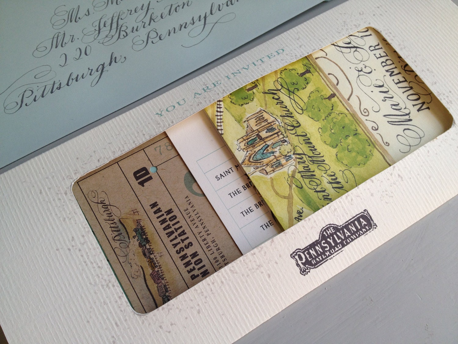 Calligraphy Wedding Invitation Train Ticket with Watercolor Map by Designs by Robyn Love