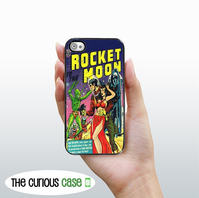 iPhone 4S Case iPhone 4 Case Rocket to The Moon Science Fiction Comic Book / Hard Case For iPhone 4 and iPhone 4S  Rubber Trim