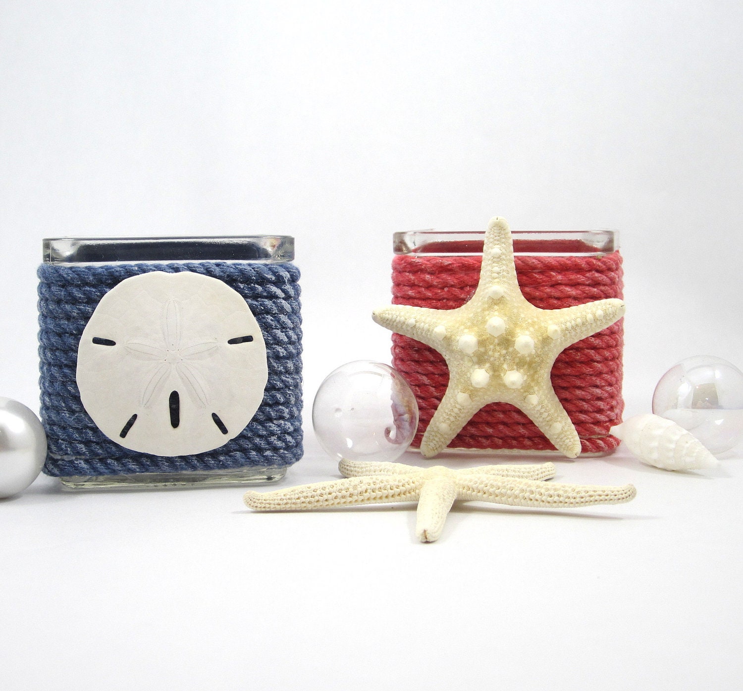 2pc Beach Nautical Decor Candle Votive Holders w Nautical Rope - Red, Navy, Set of 2
