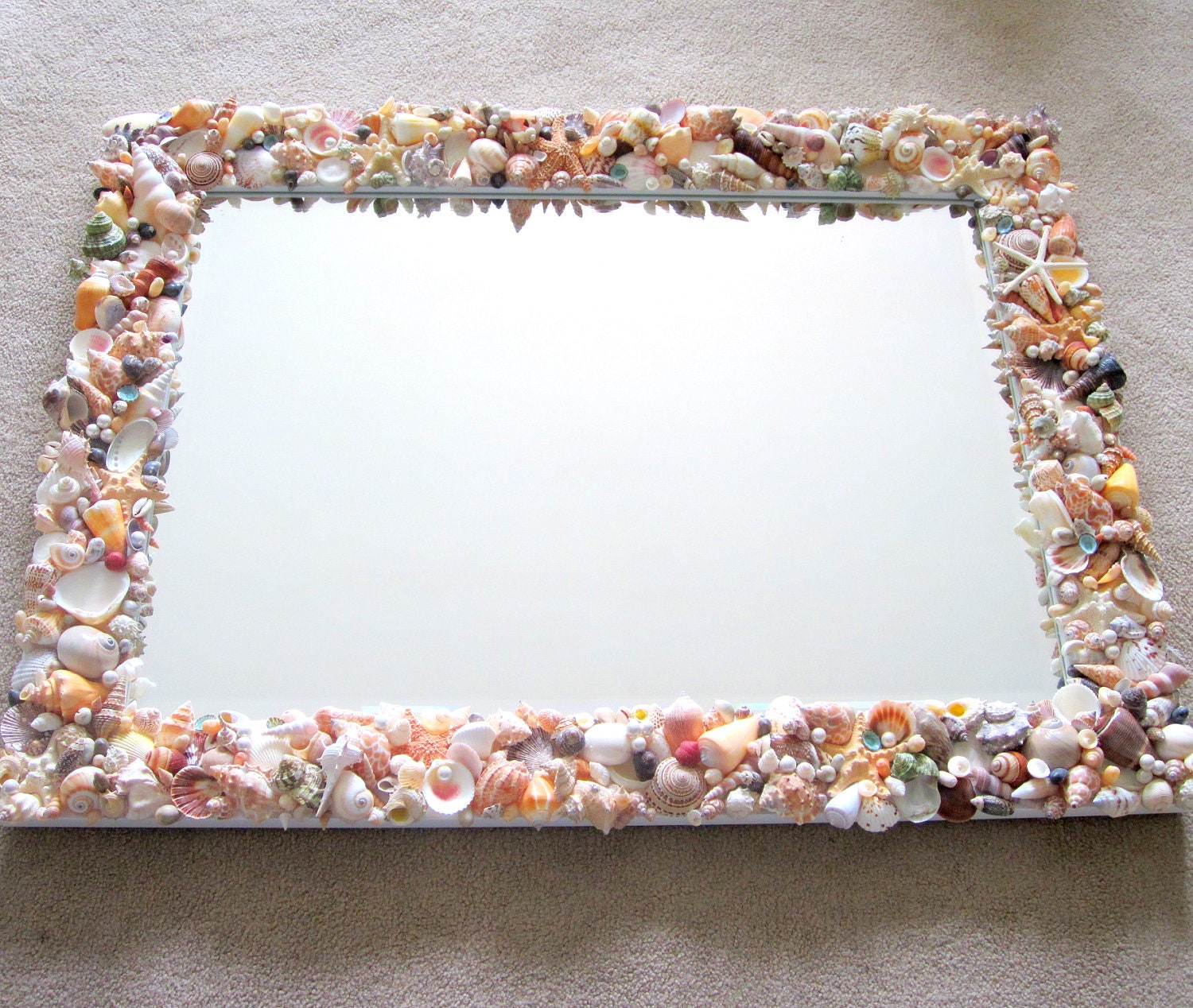 Seashell Mirror for Beach Decor - Nautical Decor Shell Mirror in Natural or All White, Lg Rectangular