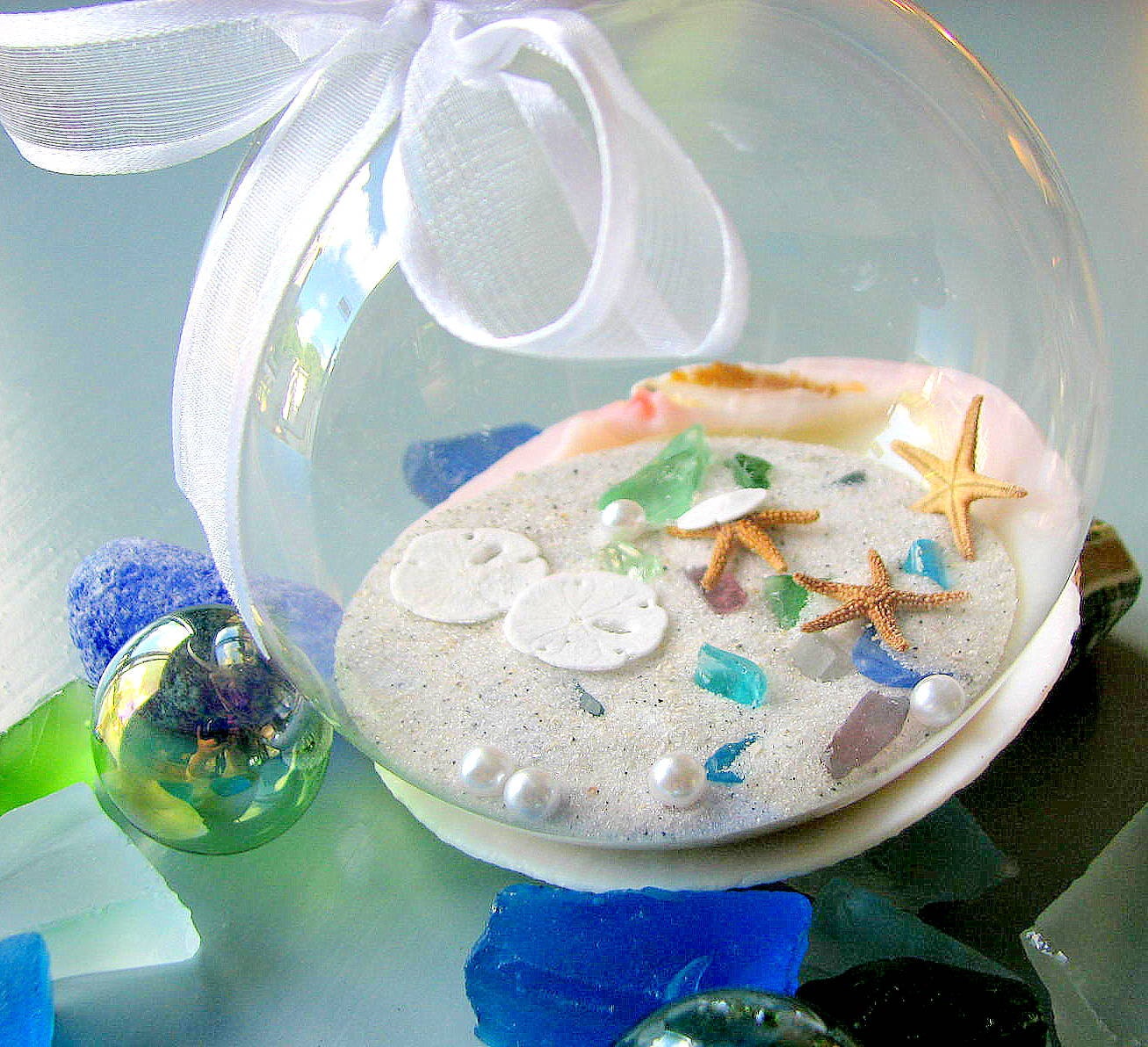 Beach Decor Seashell Christmas Ornament - Nautical Decor Sea Glass & Shell Ornament Ball