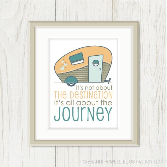 Retro Camper Typography Saying Quote - Destination Journey, Travel, Summer Vacation, Mustard Yellow, Teal Blue - 8 x 10 Wall Art Print