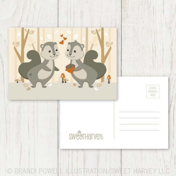 Squirrel Couple Postcard Set - Squirrel, Acorn, Nuts, Woodland Animal, Autumn - Grey, Brown, Ivory, Orange (Set of 8)