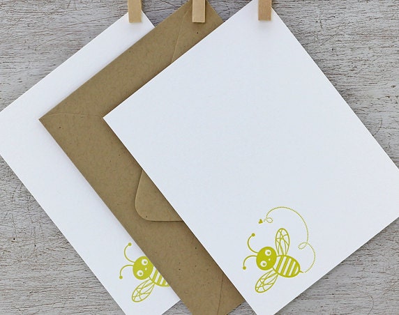 Bumble Bee Note Card Set Letterpress Insect Bamboo Mustard Yellow Spring Lemon Honey 10 pack (NBB1)