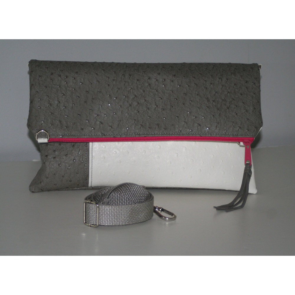 TREKKER - Convertible Handbag - Foldover Clutch - Shoulder Bag - Messenger Bag - Pewter and White Faux Ostrich - Eco-friendly
