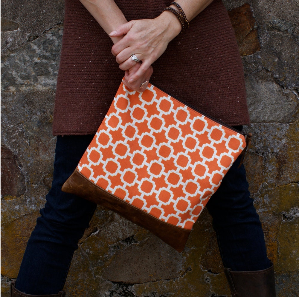 FOLDOVER Clutch Orange Geometric and Leather - Eco-friendly