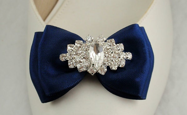 Set of 2 Shoe Clips in Navy Blue Bow  with Sparkly Rhinestone Crystal Clear Wedding Shoe clips Bridal Shoe Clips