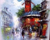 Vintage Paris Street Scene Wall Art, Moulin Rouge, Signed Fine Art Oil Painting Large Framed, Beautiful REDUCED