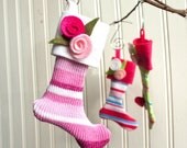 Mini Christmas Stocking Ornament -Snowberry Striped, Shabby Chic, Primitive, Country Christmas, Secret Santa, Cottage Chic