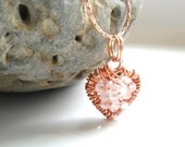 Simple Rose gold necklace, Rose Quartz wrapped pendant, Heart, Minimalist, Delicate everyday jewelry