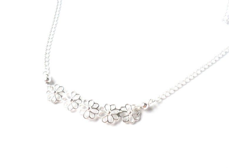 Delicate Sterling Silver Necklace  flowers bar simple minimal everyday necklace - Daniblu
