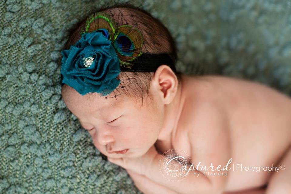 Vintage PEACOCK with Teal Chiffon Rosette and Russian Veiling Headband Perfect Photo Prop - Can fit Newborns - Babies - Teens and Adults