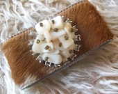Farm Girl Chic, Cowgirl Bling, Cowgirl Gypsy Chic Vintage  Rhinestone And Mother Of Pearl Embellished Brown And White Cowhide Cuff Bracelet