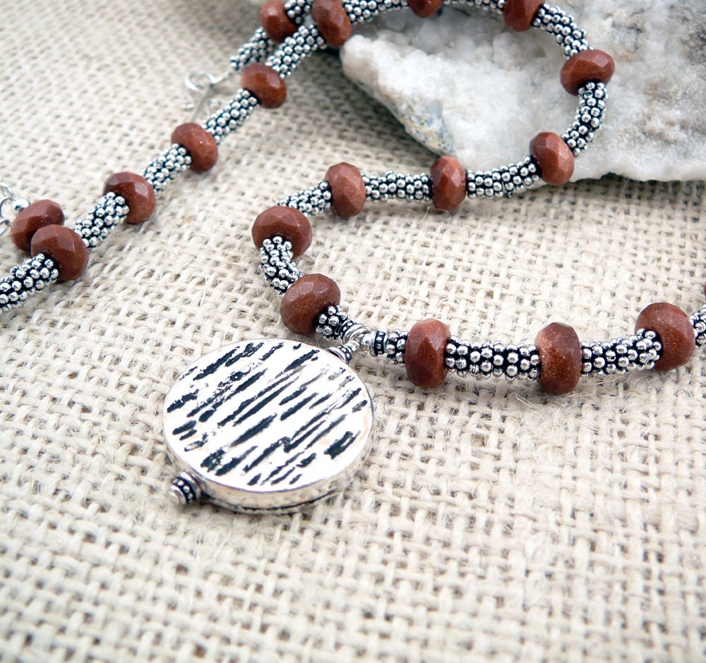 Goldstone Necklace - Pendant Necklace - Goldstone Jewelry - Beaded Necklace