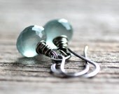 March Birthstone Aquamarine Gemstone Earrings Wire Wrapped Moss Aquamarine in Sterling Silver - Monsoon