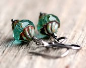 Morocco Beaded Earrings Czech Glass and Oxidized Sterling Silver - Teal Turquoise Blue Earrings