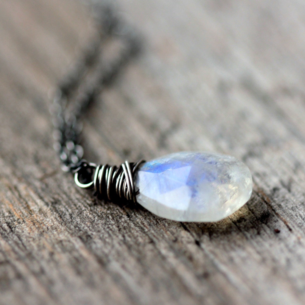 Moonstone Necklace - Glowing Blue Flash Moonstone on Oxidized and Polished Sterling Silver Chain - Frost