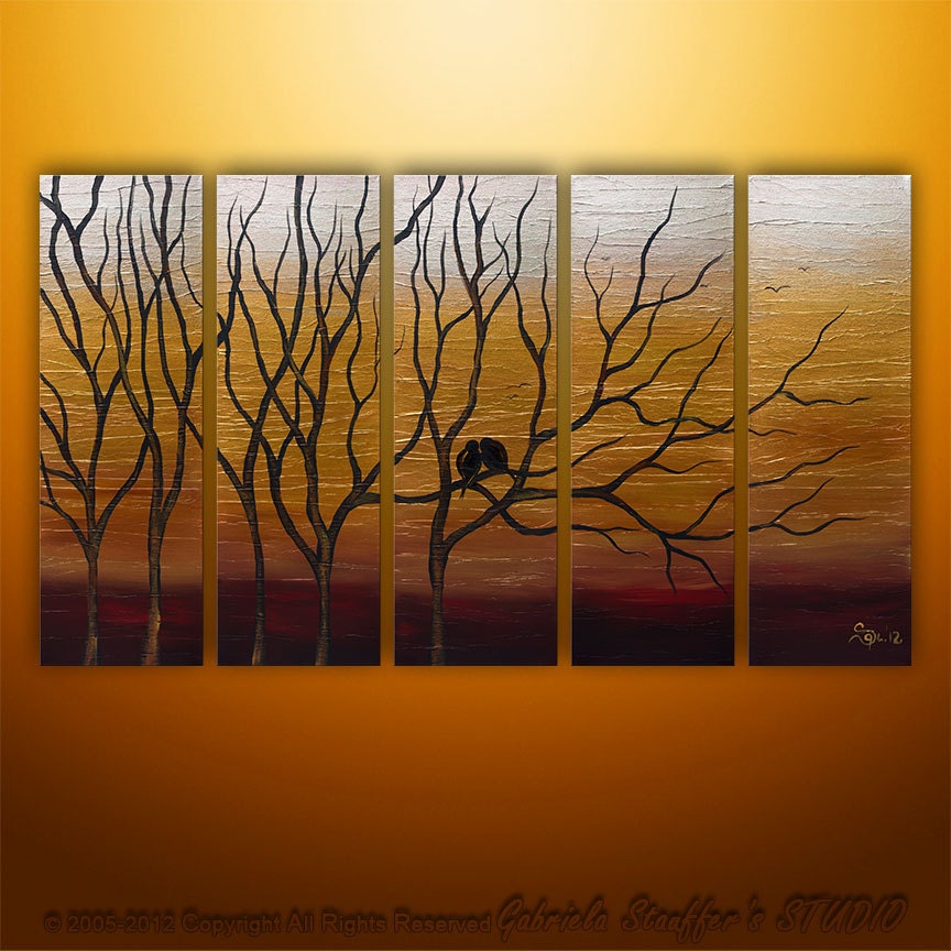 Abstract Modern Landscape Trees Birds Original Art by Gabriela 50x30 Large