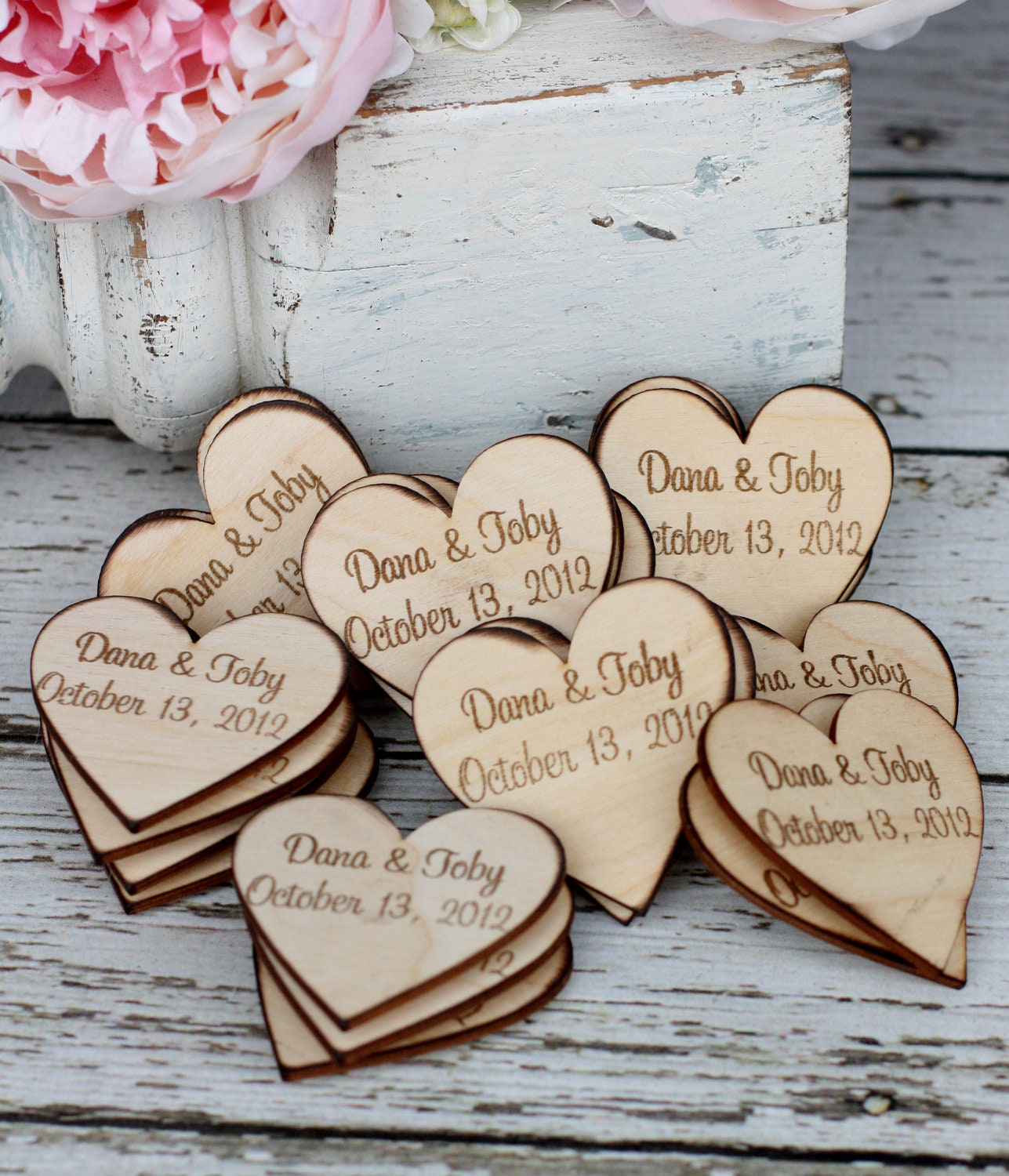 Custom Rustic Wedding Favors Wood Heart Magnets Set of 50 (item S10606)