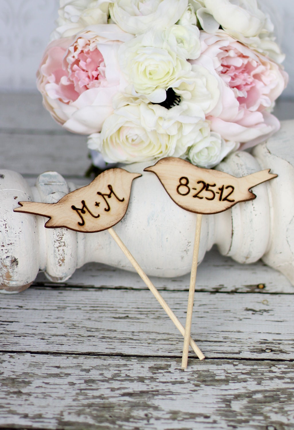 Love Birds Cake Toppers Rustic Personalized Wedding Decor (item E10632)