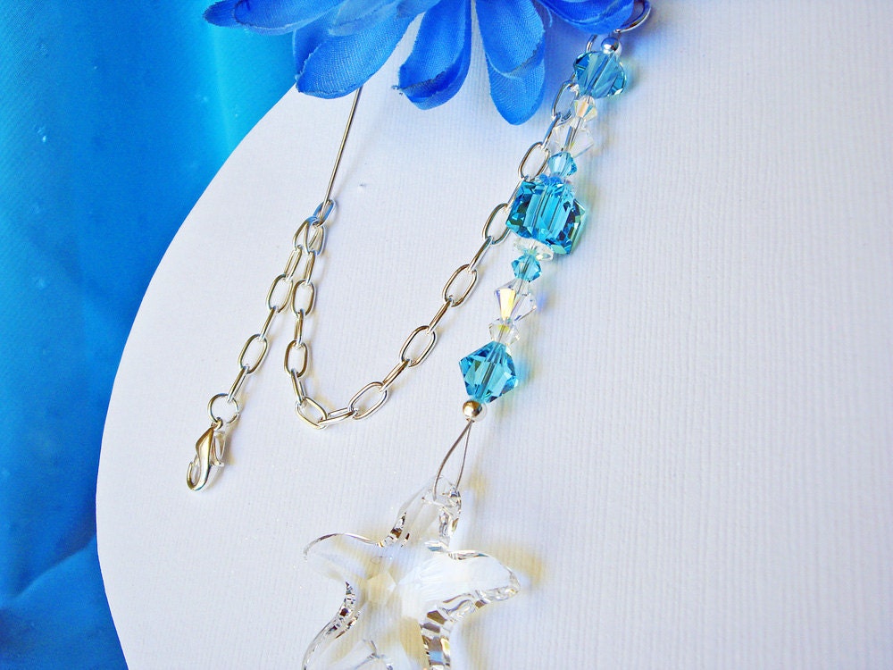 Crystal Suncatcher Rear View Mirror Charm Swarovski Lt. Turquoise and Starfish Car Accessory