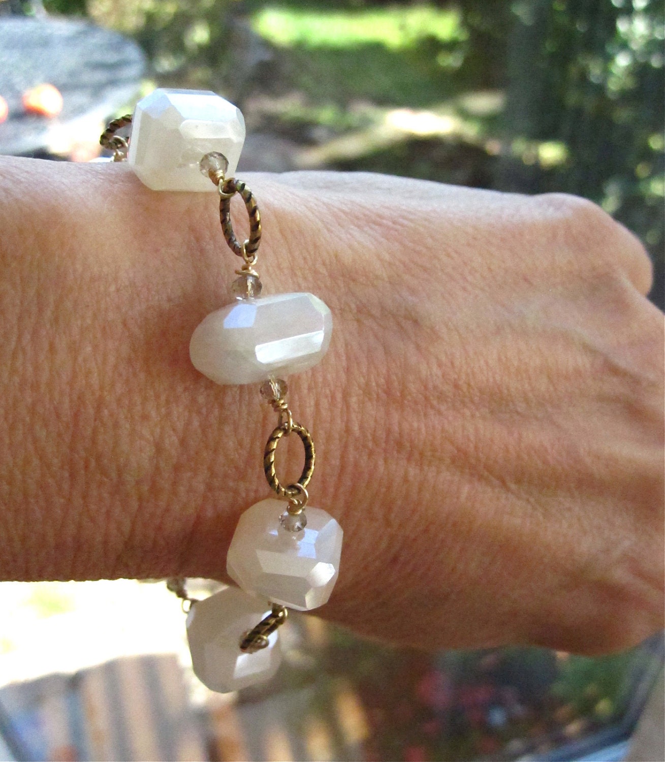 Pearl Chalcedony Sliced Faceted Gemstones Large Link Antique Gold Bracelet OOAK