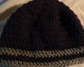 Hand Crocheted Beanie Unisex for Adults   in Navy Blue with Gray Stripes
