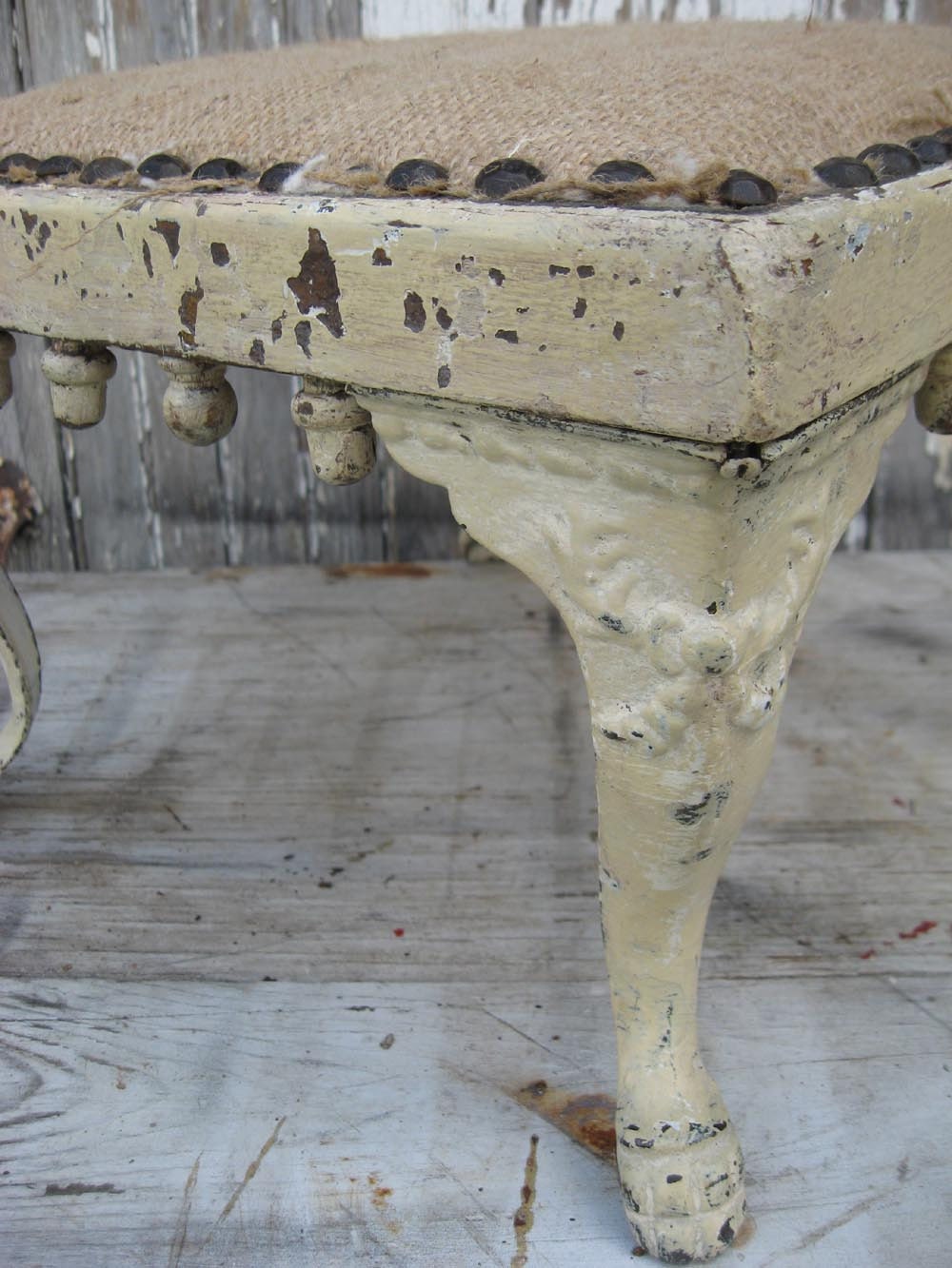 Antique handmade STOOL with BURLAP seat and original CHIPPY ivory paint