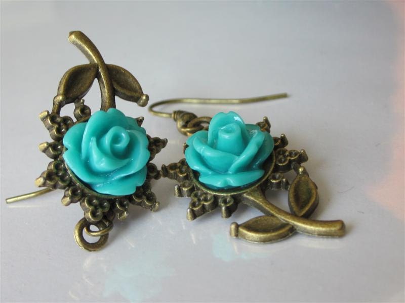 Flower Shaped Earrings Dark Aqua Rose Handmade Jewelry Flower Dangle Earrings Dangling Teal Flower Earring Victorian Rose Spring Trends