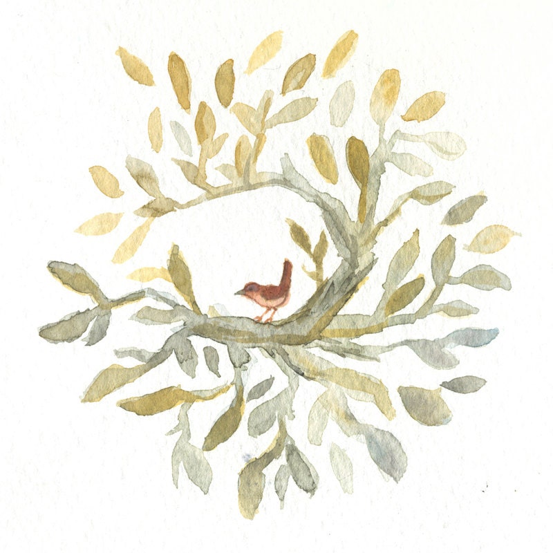 Fall Wreath - Gold, Grey and Olive - Original Watercolor Painting